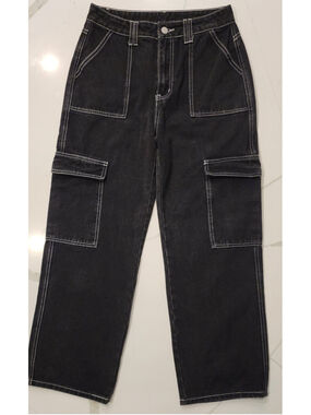 Petite M Black Cargo Jeans Wide Leg Baggy Y2K Streetwear Utility Denim Pants